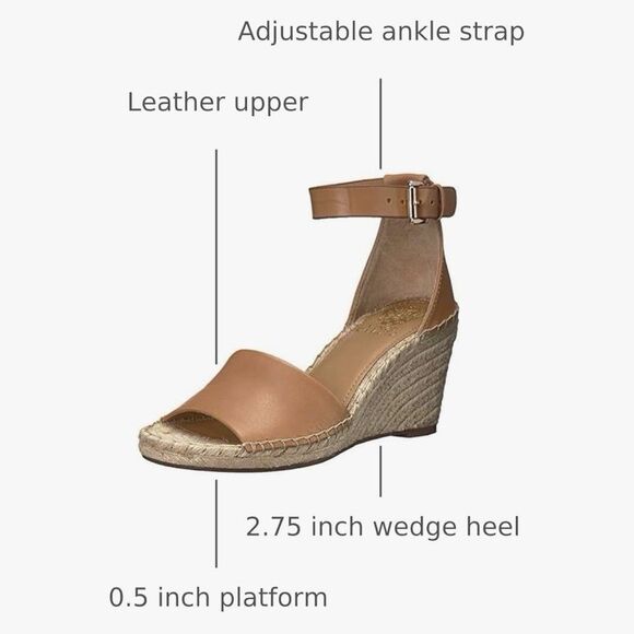 VINCE CAMUTO Lerra Camel Leather Espadrille Wedge Ankle Strap Sandal Sz 7M 37.5 - Picture 2 of 12